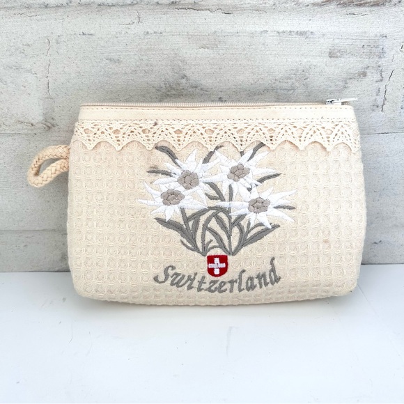 Zippered Pouch Bag Italy Cotton Switzerland Souvenir Embroidery Edelweiss Flower - Picture 3 of 6